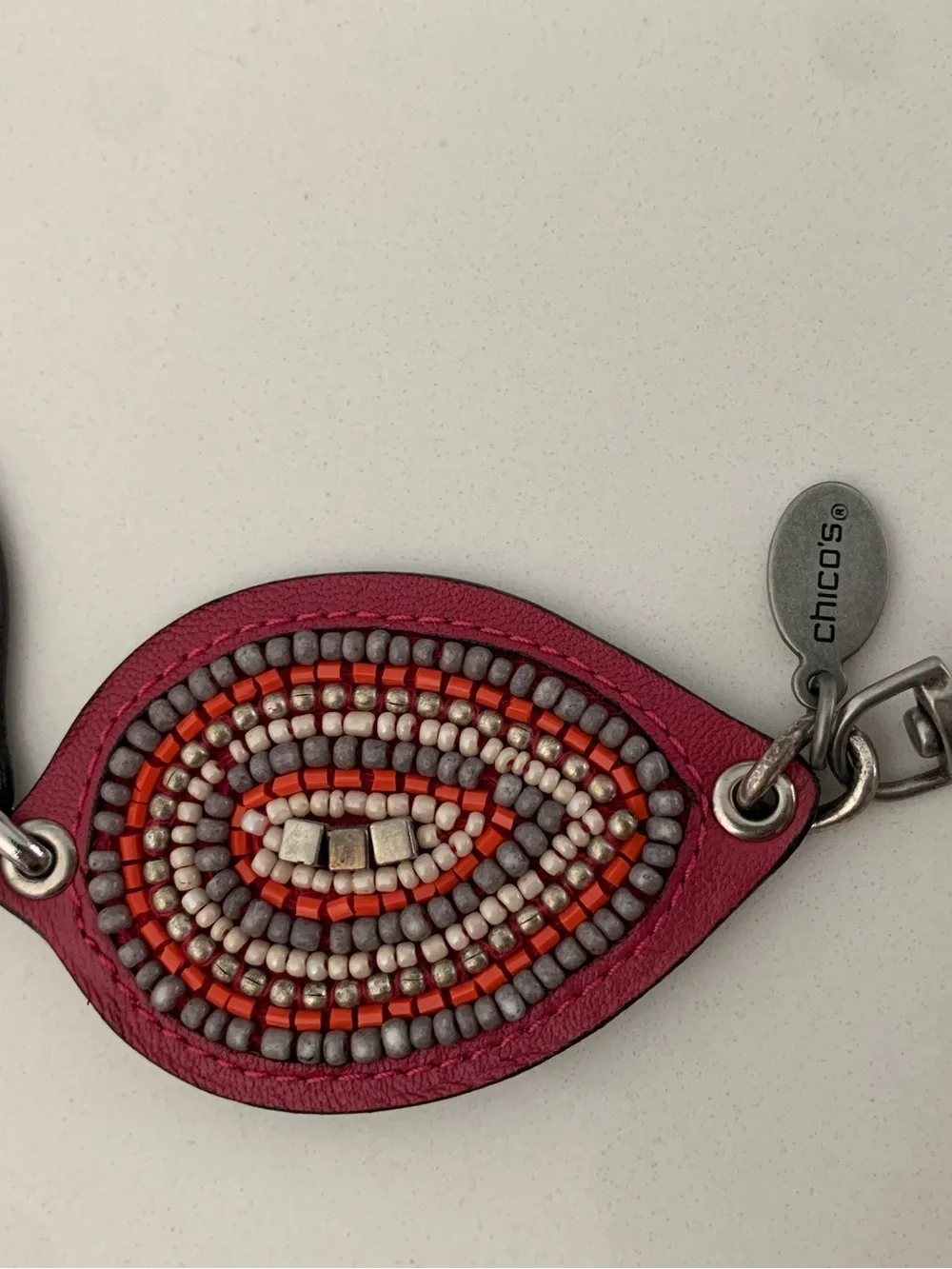 Chico's Ibiza Pink Red Leather Beaded Medallion Silver Tone Chain Belt Boho 50”
